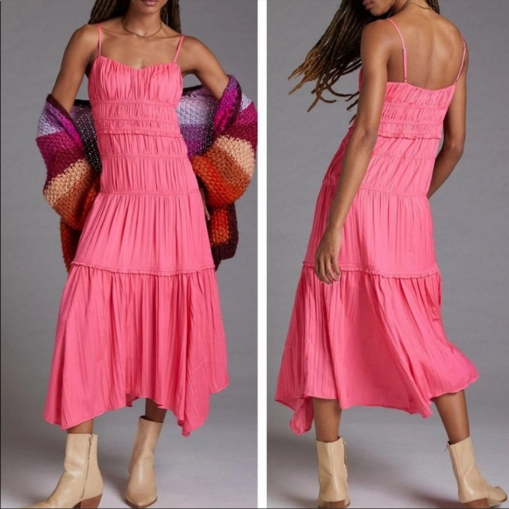 Anthropologie Ruched Slip Dress- Raspberry